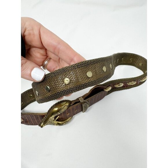 Neiman Marcus Metal Chain Gold Tone Mesh Brown Leather Belt Paisley Studded Sz 6 - Picture 8 of 12